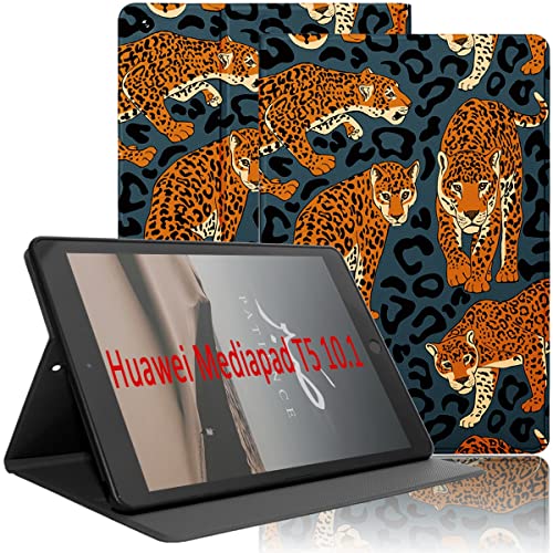 Yoedge Hülle Kompatibel mit Huawei MediaPad T5 10, Ultra Dünn Leicht SchutzHülle mit Standfunktion TPU Rücken Slim PU Leder Smart Folio Tablet Cover für Mediapad T5 10.1 Zoll 2018, Leopard von Yoedge