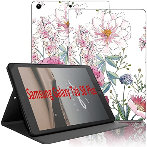 Yoedge Hülle für Samsung Galaxy Tab S8 Plus 2022 / Tab S7 FE 2021 / Tab S7 Plus 2020 12,4", Ultra Dünn Leicht SchutzHülle mit Standfunktion TPU Rücken Slim PU Leder Smart Folio Tablet Cover, Blume 2 von Yoedge