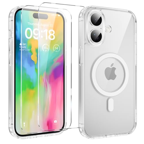 Yoedge Magnetisch Handyhülle für iPhone 16 6,1" Hülle mit 2 Stück Schutzfolie Schutzglas, Klare Schutzhülle [Kompatibel mit MagSafe], TPU Stoßfeste Silikon Transparent Hülle für iPhone 16 von Yoedge