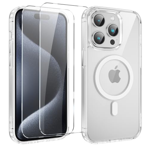 Yoedge Magnetisch Handyhülle für iPhone 16 Pro 6,3" Hülle mit 2 Stück Schutzfolie Schutzglas, Klare Schutzhülle [Kompatibel mit MagSafe], TPU Stoßfeste Silikon Transparent Hülle für iPhone 16 Pro von Yoedge