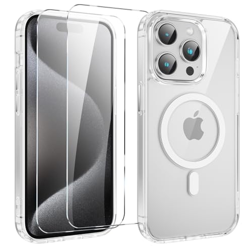 Yoedge Magnetisch Handyhülle für Apple iPhone 15 Pro 6.1" Hülle mit 2 Stück Schutzfolie Schutzglas,Klare Schutzhülle [Kompatibel mit MagSafe],TPU Stoßfeste Silikon Transparent Hülle für iPhone 15 Pro von Yoedge