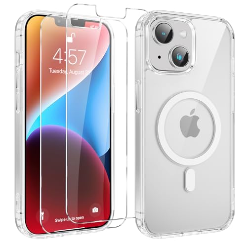 Yoedge Magnetisch Handyhülle für iPhone 14/iPhone 13 6.1 '' Hülle mit 2 Stück Schutzfolie Schutzglas,Klare Schutzhülle [Kompatibel mit MagSafe], TPU Stoßfeste Silikon Transparent Hülle für iPhone 13 von Yoedge