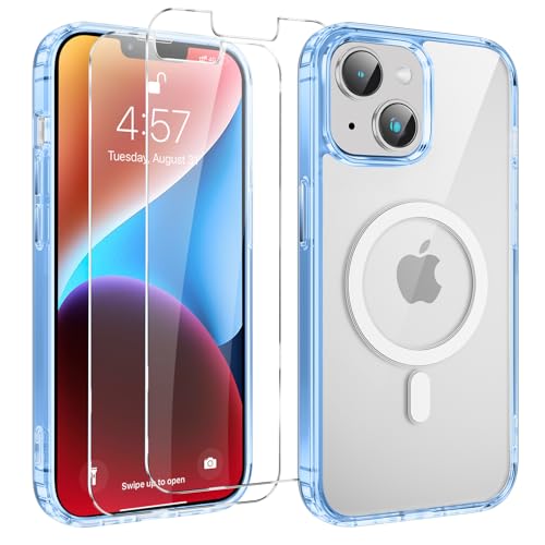 Yoedge Magnetisch Handyhülle für iPhone 14/iPhone 13 6.1 '' Hülle mit 2 Stück Schutzfolie Schutzglas,Klare Schutzhülle [Kompatibel mit MagSafe], TPU Stoßfeste Transparent Hülle für iPhone 13,Blau von Yoedge