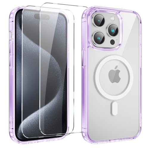 Yoedge Magnetisch Handyhülle für iPhone 14 Pro 6.1 '' Hülle mit 2 Stück Schutzfolie Schutzglas,Klare Schutzhülle [Kompatibel mit MagSafe], TPU Stoßfeste Transparent Hülle für iPhone 14 Pro,lila von Yoedge