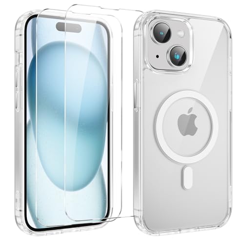 Yoedge Magnetisch Handyhülle für iPhone 15 6.1 '' Hülle mit 2 Stück Schutzfolie Schutzglas,Klare Schutzhülle [Kompatibel mit MagSafe], TPU Stoßfeste Silikon Transparent Hülle für iPhone 15 von Yoedge