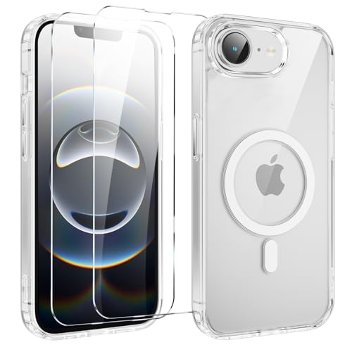 Yoedge Magnetisch Handyhülle für iPhone 16e 6.1" Hülle mit 2 Stück Schutzfolie Schutzglas, Klare Schutzhülle [Kompatibel mit MagSafe], TPU Stoßfeste Silikon Transparent Hülle für Apple iPhone 16e von Yoedge