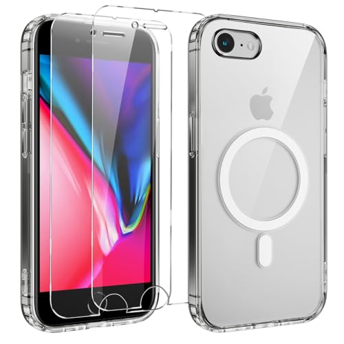 Yoedge Magnetisch Handyhülle für iPhone 8/7/SE 2022/SE 2020 4.7'' Hülle mit 2 Stück Schutzfolie Schutzglas,Klare Schutzhülle [Kompatibel mit MagSafe], Stoßfeste Transparent Hülle für iPhone 8,Schwarz von Yoedge