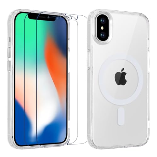 Yoedge Magnetisch Handyhülle für iPhone X/XS 5.8 '' Hülle mit 2 Stück Schutzfolie Schutzglas,Klare Schutzhülle [Kompatibel mit MagSafe], TPU Stoßfeste Silikon Transparent Hülle für iPhone X/XS von Yoedge