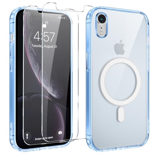 Yoedge Magnetisch Handyhülle für iPhone XR 6.1 '' Hülle mit 2 Stück Schutzfolie Schutzglas,Klare Schutzhülle [Kompatibel mit MagSafe], TPU Stoßfeste Transparent Hülle für iPhone XR,Blau von Yoedge