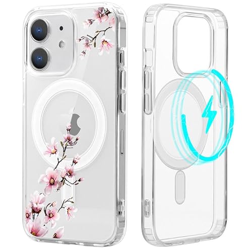 Yoedge Magnetische Handyhülle für iPhone 12/iPhone 12 Pro 6,1" Hülle,Kompatibel mit MagSafe,Durchsichtig Case mit Aesthetic Muster Blume, Transparent Dünn Silikon Weich TPU Stoßfeste Schutzhülle Cover von Yoedge