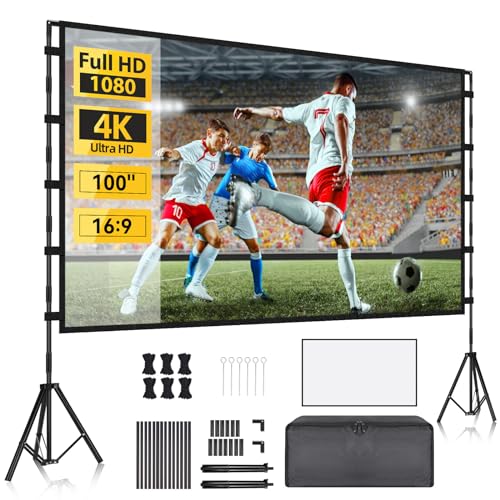 Yofuly Projektionsleinwand mit Ständer, 100 Inch tragbare doppelseitige Projektionsleinwand mit Tragetasche, 16:9 4K HD Indoor Outdoor Videoleinwand für Camping-Heimkino von Yofuly