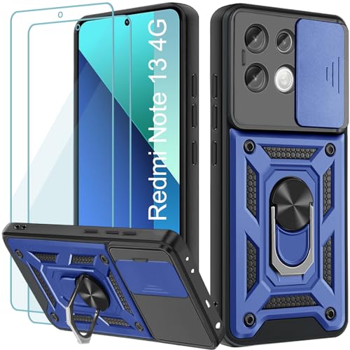 Yohii Azu Schutzhülle für Xiaomi Redmi Note 13 4G, mit 2 Teilen aus gehärtetem Glas, verschiebbare Kameraabdeckung, 360 Grad Ringhalterung, PC und TPU-Silikon, stoßfest, Schutzhülle von Yohii