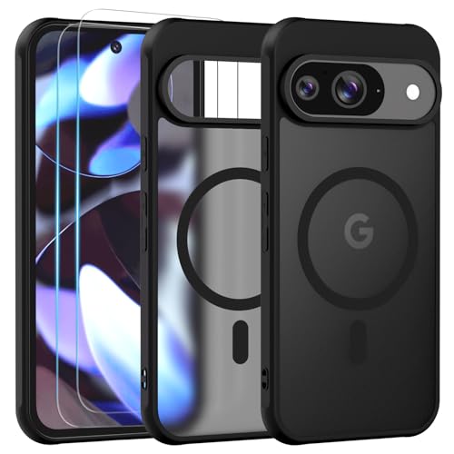 Yohii Magnetisch für Google Pixel 9 Hülle,Google Pixel 9 Pro Hülle mit 2 Stück Schutzfolie,Kompatibel mit MagSafe,[Schutz in Militärqualität] Transluzente Matt Rückseite Stoßfeste Handyhülle,Schwarz von Yohii