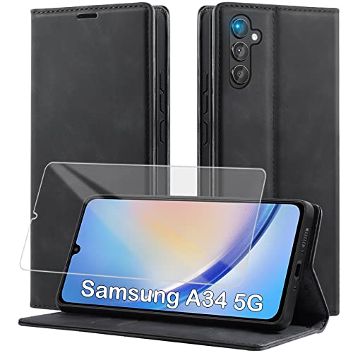 Yohii Handyhülle Kompatibel mit Samsung Galaxy A34 5G Hülle mit Schutzfolie, Luxus PU Leder Klappbare Stoßfeste Schutzhülle [Magnetisch, Kartenfach, Standfunktion] für Flip Case - Schwarz von Yohii