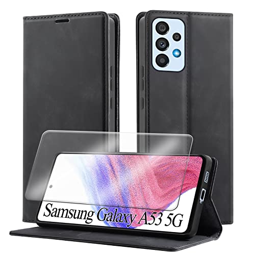 Yohii Handyhülle Kompatibel mit Samsung Galaxy A53 5G Hülle mit 1 Stück Panzerglas,Luxus PU Leder Klappbare Stoßfeste Schutzhülle [Magnetisch, Kartenfach, Standfunktion] für Flip Case - Schwarz von Yohii