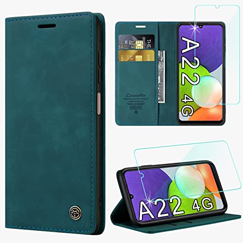 Yohii Handyhülle für Samsung Galaxy A22 4G Hülle und Schutzfolie, Premium PU Leder Wallet Tasche Flip Case [Kartensteckplätzen] [Magnetverschluss] [Standfunktion] Kompatibel mit Galaxy A22 4G (Green) von Yohii