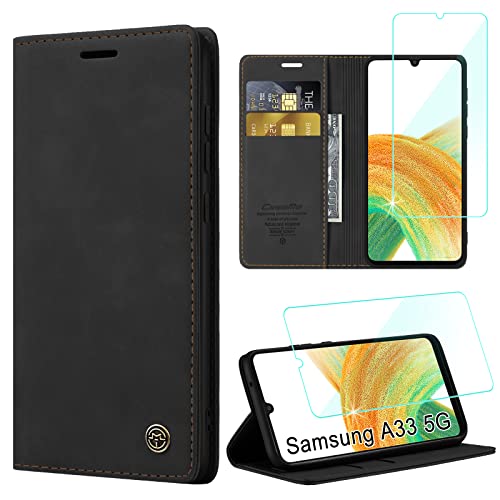 Yohii Handyhülle für Samsung Galaxy A33 5G Hülle mit Schutzfolie, Premium PU Leder Wallet Tasche Kartensteckplätzen Magnetverschluss Standfunktion Flip Case für Samsung A33 5G - Schwarz von Yohii