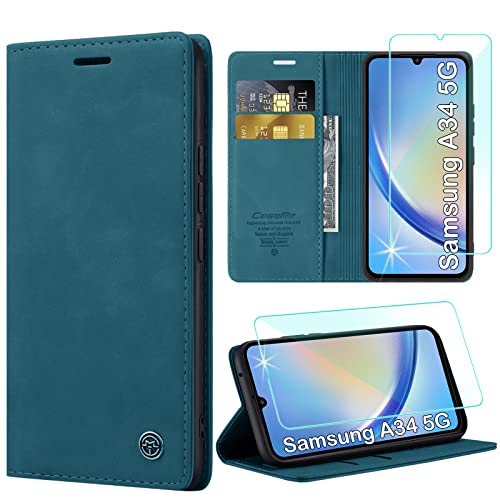 Yohii Handyhülle für Samsung Galaxy A34 5G Hülle mit Panzerglas Schutzfolie, [2023 Neu] Premium PU Leder Wallet Tasche Kartensteckplätzen Magnetverschluss Flip Case für Samsung A34 5G Hülle - Blaugrün von Yohii