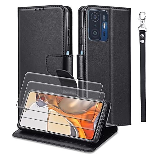 Yohii Handyhülle für Xiaomi 11T /11T Pro Hülle mit 2 Schutzfolie, Premium PU Leder Flip Brieftasche Case mit Clip Lanyard Standfunktion Magnet Schutzhülle (Schwarz) von Yohii