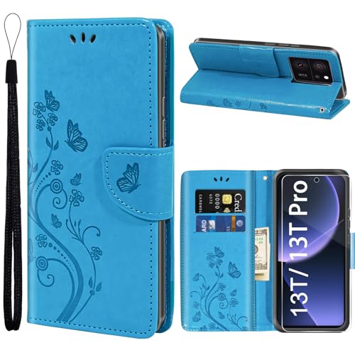 Yohii Handyhülle für Xiaomi 13T / 13T Pro Hülle Leder mit 1 Schutzfolie, mit Kartenfach Magnetic Flip Wallet Case Leder Tasche Blumenmuster Klapphüllen Schutzhülle für Xiaomi 13T Pro 4G/5G Case, Blau von Yohii