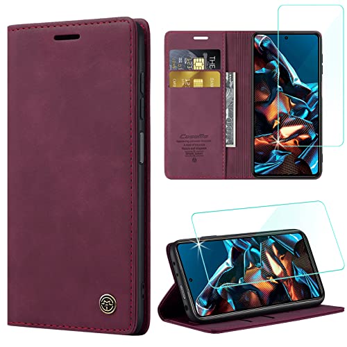 Yohii Handyhülle für Xiaomi Redmi Note 12 Pro 5G/ Xiaomi Poco X5 Pro 5G Hülle mit Schutzfolie, Premium PU Leder Wallet Tasche Flip Case für Xiaomi Poco X5 Pro/Redmi Note 12 Pro 5G Hülle - Wein Rot von Yohii