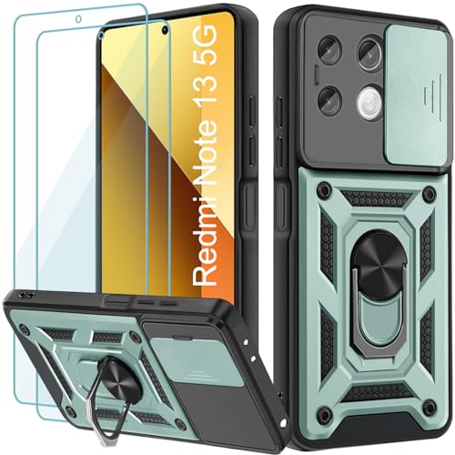 Yohii Handyhülle für Xiaomi Redmi Note 13 5G Hülle (Nicht für 4G) mit 2 Stück Schutzfolie, Kameraschutz Case mit 360 Grad Ring Ständer Stoßfest Kratzfest Tough Armor Schutzhülle, Grün von Yohii
