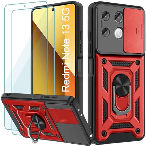 Yohii Handyhülle für Xiaomi Redmi Note 13 5G Hülle (Nicht für 4G) mit 2 Stück Schutzfolie, Kameraschutz Case mit 360 Grad Ring Ständer Stoßfest Kratzfest Tough Armor Schutzhülle, Rot von Yohii