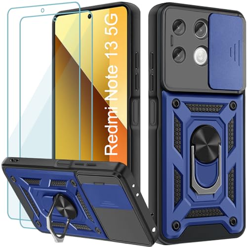 Yohii Handyhülle für Xiaomi Redmi Note 13 5G Hülle mit 2 Stück Schutzfolie, Kameraschutz Case mit 360 Grad Ring Ständer Stoßfest Kratzfest Tough Armor Schutzhülle, Blau von Yohii