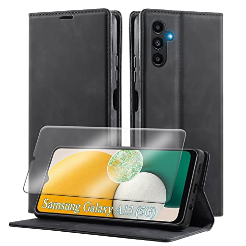 Yohii Hülle Kompatibel mit Samsung Galaxy A13 5G mit 1 Stück Schutzfolie,Luxus PU Leder Klappbare Stoßfeste Handyhülle [Magnetisch, Kartenfach, Standfunktion] für Flip Case - Schwarz von Yohii
