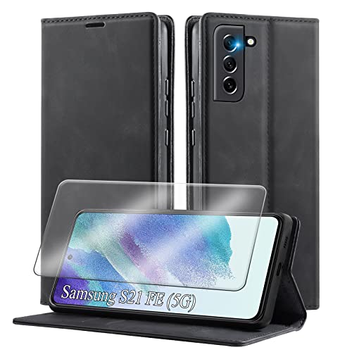 Yohii Hülle Kompatibel mit Samsung Galaxy S21 FE 5G mit 1 Stück Schutzfolie,Luxus PU Leder Klappbare Stoßfeste Handyhülle [Magnetisch, Kartenfach, Standfunktion] für Flip Case - Schwarz von Yohii