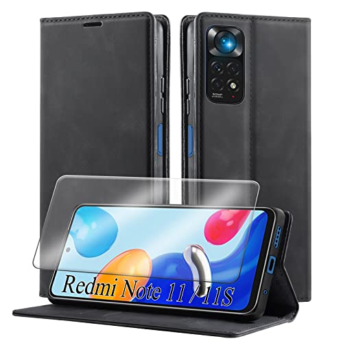Yohii Hülle Kompatibel mit Xiaomi Redmi Note 11/ Redmi Note 11S, mit 1 Stück Schutzfolie,Luxus PU Leder Klappbare Stoßfeste Handyhülle [Magnetisch, Kartenfach] für Flip Case - Schwarz von Yohii