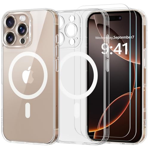 Yohii Magnetische Schutzhülle für iPhone 16 Pro mit 2 Hartglas, [Kameraschutz] kompatibel mit MagSafe, militärischer Schutz, Hybrid-Schutzhülle, stoßfest, kratzfest, transparent, von Yohii