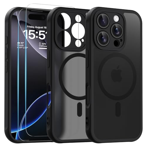 Yohii Magnetische Schutzhülle für iPhone 16 Pro mit 2 Teilen aus Hartglas, kompatibel mit Mag-Safe, [Kameraschutz] Militärqualität, durchscheinende, matte Rückseite, dünn, stoßfest, Schwarz von Yohii