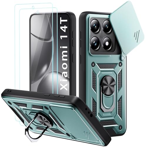 Yohii Schutzhülle für Xiaomi 14T 16,9 cm (6,67 Zoll), mit 2 Teilen aus gehärtetem Glas, mit verschiebbarer Kameraabdeckung, 360 Grad Ringhalterung, PC und Silikon, TPU, stoßfest, Grün von Yohii