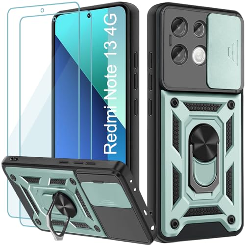 Yohii Schutzhülle für Xiaomi Redmi Note 13 4G, mit 2 Teilen aus gehärtetem Glas, verschiebbare Kameraabdeckung, 360 Grad Ringhalterung, PC und TPU-Silikon, stoßfest, Grün von Yohii