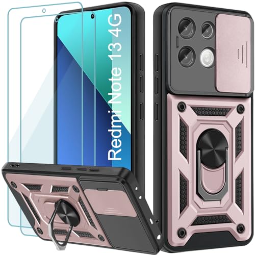Yohii Schutzhülle für Xiaomi Redmi Note 13 4G, mit 2 Teilen aus gehärtetem Glas, verschiebbare Kameraabdeckung, 360 Grad Ringhalterung aus PC und TPU-Silikon, stoßfest, Roségold von Yohii