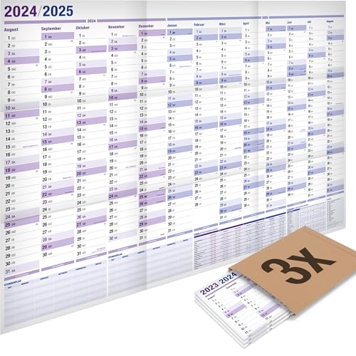 3er-Pack: Yohmoe® XXL Schuljahresplaner 2024/2025 im Format 98x68 cm. Der Wandkalender 2024 2025 für Lehrer und Schüler im gefalzten Format. Ideal auch als Jahresplaner 2024 2025 von Yohmoe