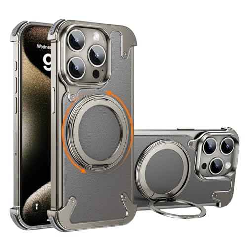 Yohryi Metal Frameless Case for iPhone 15 Pro Max/15 Pro, [Compatible with MagSafe] 360° Rotatable Magnetic Invisible Stand Military Drop Protection Genuine Leather Back Case,Titanium,15 Pro Max von Yohryi