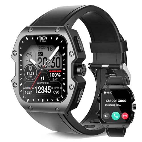 ROGBID MILLE Smartwatch Herren mit Telefonfunktion, 1.91'' Fitnessuhr mit 24/7 Herzfrequenzmonitor, 75 Tage Akku 123 Sportmodi 5ATM Wasserdicht Outdoor Militär Sportuhr für Android iOS, Schwarz von Yohuton