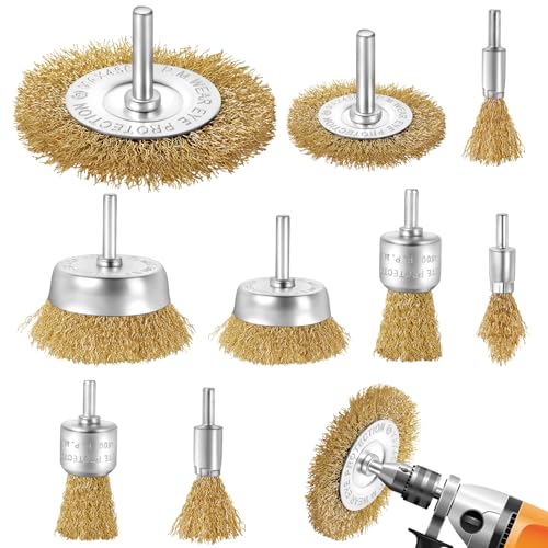 Yokuni 9 Stück Drahtbürste Bohrmaschine Set, Messingbeschichteter Drahtbürste Akkuschrauber Messingbürste Drahtbürsten Set für Bohrmaschine Polier Schleifen Entrosten Entgraten von Yokuni