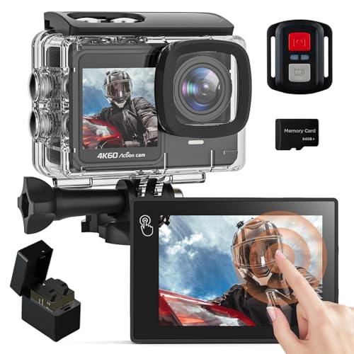 Yolansin 4K60FPS 24MP Action Cam, Touchscreen Sportkamera mit 64GB SD-Karte, Unterwasserkamera 131FT Wasserdicht Kamera, WiFi Action-Kamera mit Pre-Recording,2x1350mAh Batterien,Zubehör-Kit von Yolansin