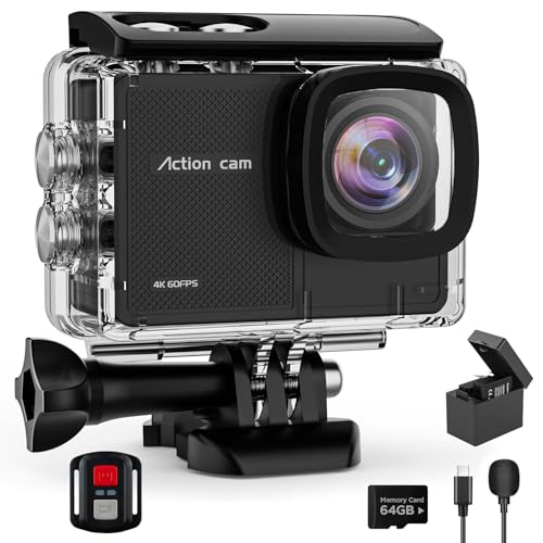 Yolansin 4K60fps Action Cam wasserdichte- 131ft/40m Unterwasserkamera EIS, WiFi Kamera 170°Winkel Sportkamera, HD 48MP Fahrradkamera mit 2.4G Fernbedienung 2 * 1350mAh Batterien & Helmzubehör Kit von Yolansin