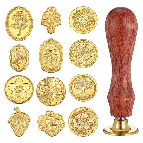 12 Stück Poststempel Wachssiegel Stempel Kopf mit Massivholz Griff Metall Siegelstempel Set Golden Blumen Klassisch Siegelstempelkopf Handwerk für Briefe Grußkarten Museumsstempel von Yolev