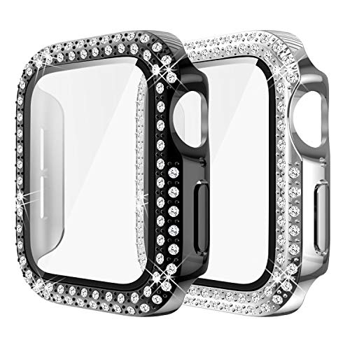 Yolovie (2-Stück) Kompatibel für Apple Watch 40mm Hülle für SE Serie 6 5 4 Gehäuse mit Displayschutzfolie aus gehärtetem Glas, Bling Cover Diamonds für iWatch Girl (40mm Schwarzes/Silber von Yolovie