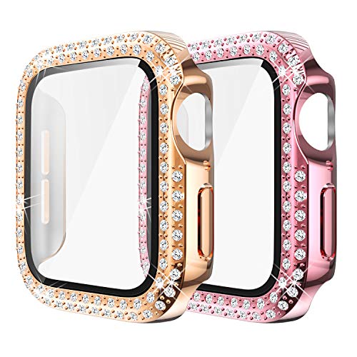 Yolovie (2-Stück) Kompatibel für Apple Watch 41mm Hülle für Serie 8 7 Gehäuse mit Displayschutzfolie aus gehärtetem Glas, Bling Cover Diamonds für iWatch Girl (41mm Rosa/Rosegold von Yolovie