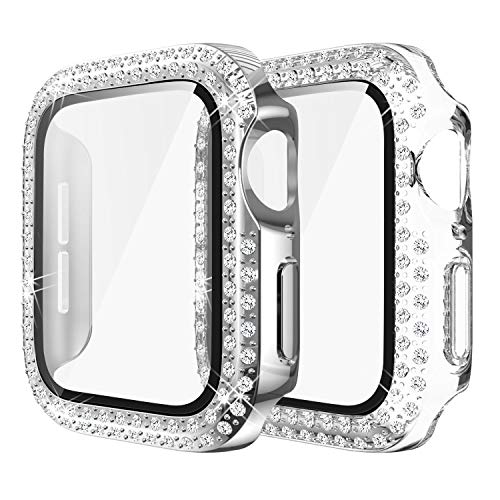 Yolovie (2-Stück) Kompatibel für Apple Watch 41mm Hülle für Serie 8 7 Gehäuse mit Displayschutzfolie aus gehärtetem Glas, Bling Cover Diamonds für iWatch Girl (41mm Transparent/Silber von Yolovie