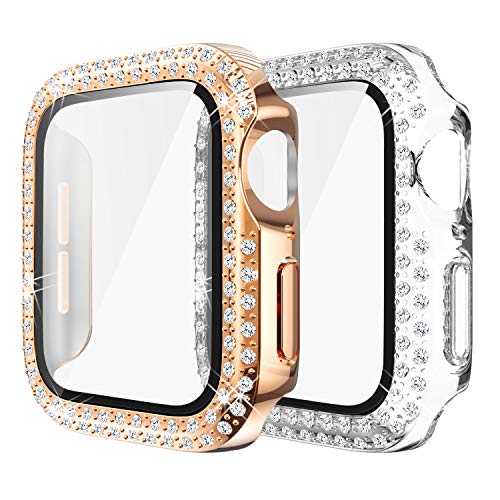 Yolovie (2-Stück) Kompatibel für Apple Watch 42mm Hülle für Serie 3 2 1 Gehäuse mit Displayschutzfolie aus gehärtetem Glas, Bling Cover Diamonds für iWatch Girl (42mm Transparent/Rosegold von Yolovie