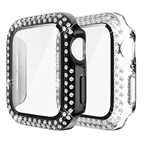 Yolovie (2-Stück) Kompatibel für Apple Watch 45mm Hülle für Serie 8 7 Gehäuse mit Displayschutzfolie aus gehärtetem Glas, Bling Cover Diamonds für iWatch Girl (45mm Transparent/Schwarz von Yolovie