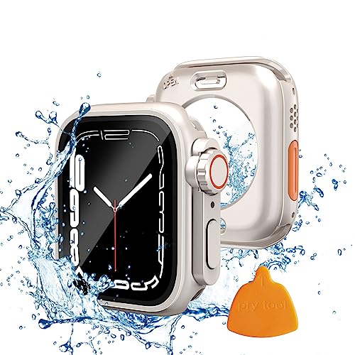 Yolovie 2 in 1 Wasserdichte Hülle Kompatibel mit Apple Watch 45mm Displayschutz Series 9/8/7【Appke Watch Ultra Style Gehäuse】iWatch Glas Schutzhülle Hard PC Rundum Schutz Case Zubehör 45mm, Polarstern von Yolovie