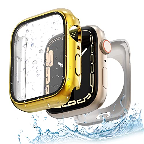 Yolovie 2 in 1 wasserdichte Hülle Kompatibel für Apple Watch SE SE2 Serie 6 5 4 44mm Zubehör, iWatch Glas Displayschutz Schutz Case Schutzhülle+Hinterer Rahmenfür Damen Herren 44mm Glänzendes Gold von Yolovie